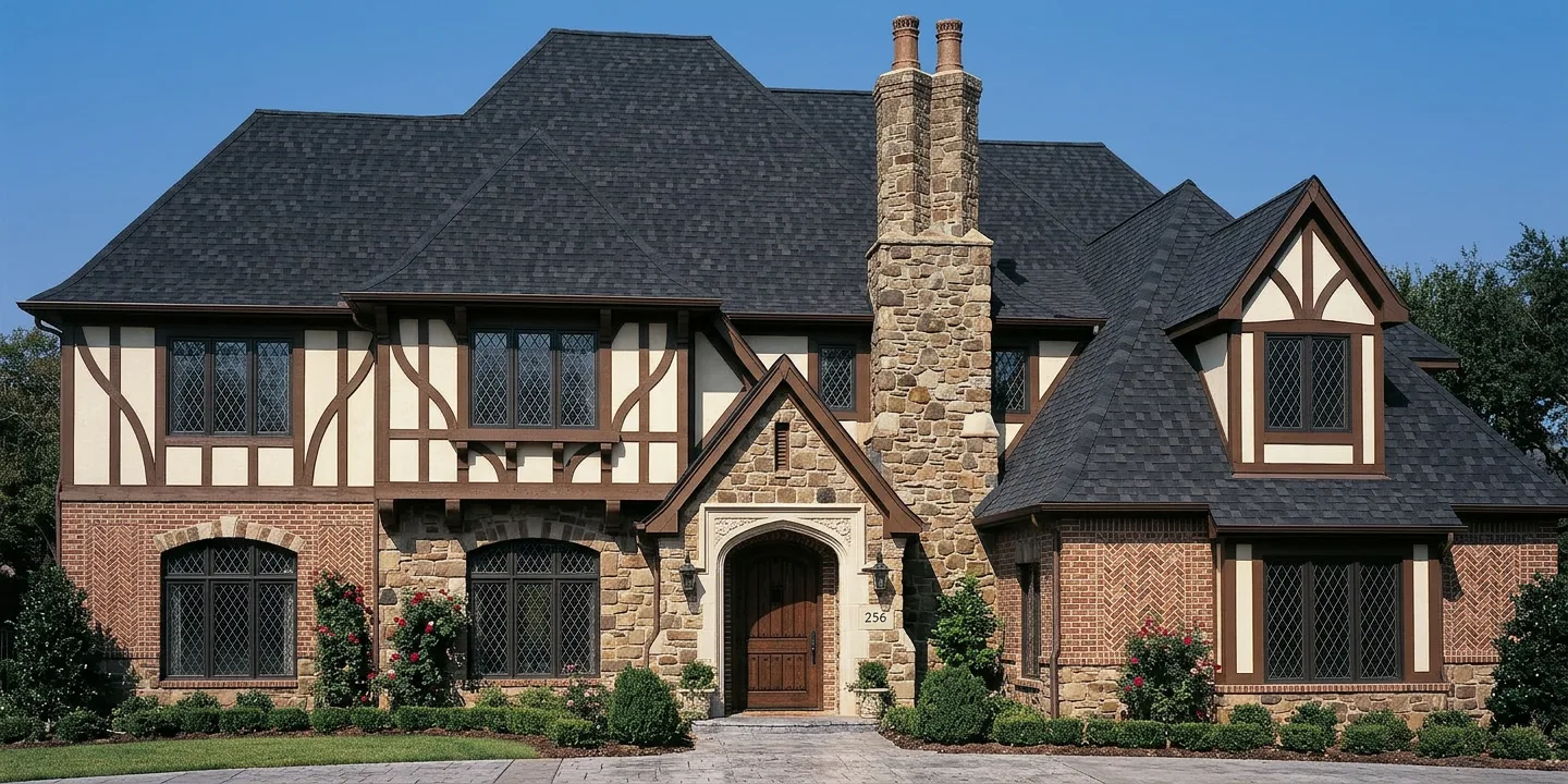 Tudor home with Black roof -- TAMKO Heritage Rustic Black (front)