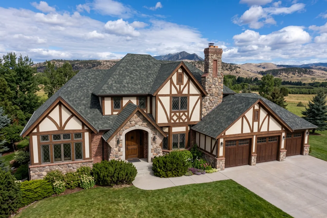 Tudor home with Charcoal roof -- Malarkey Legacy Storm Grey (right-34)