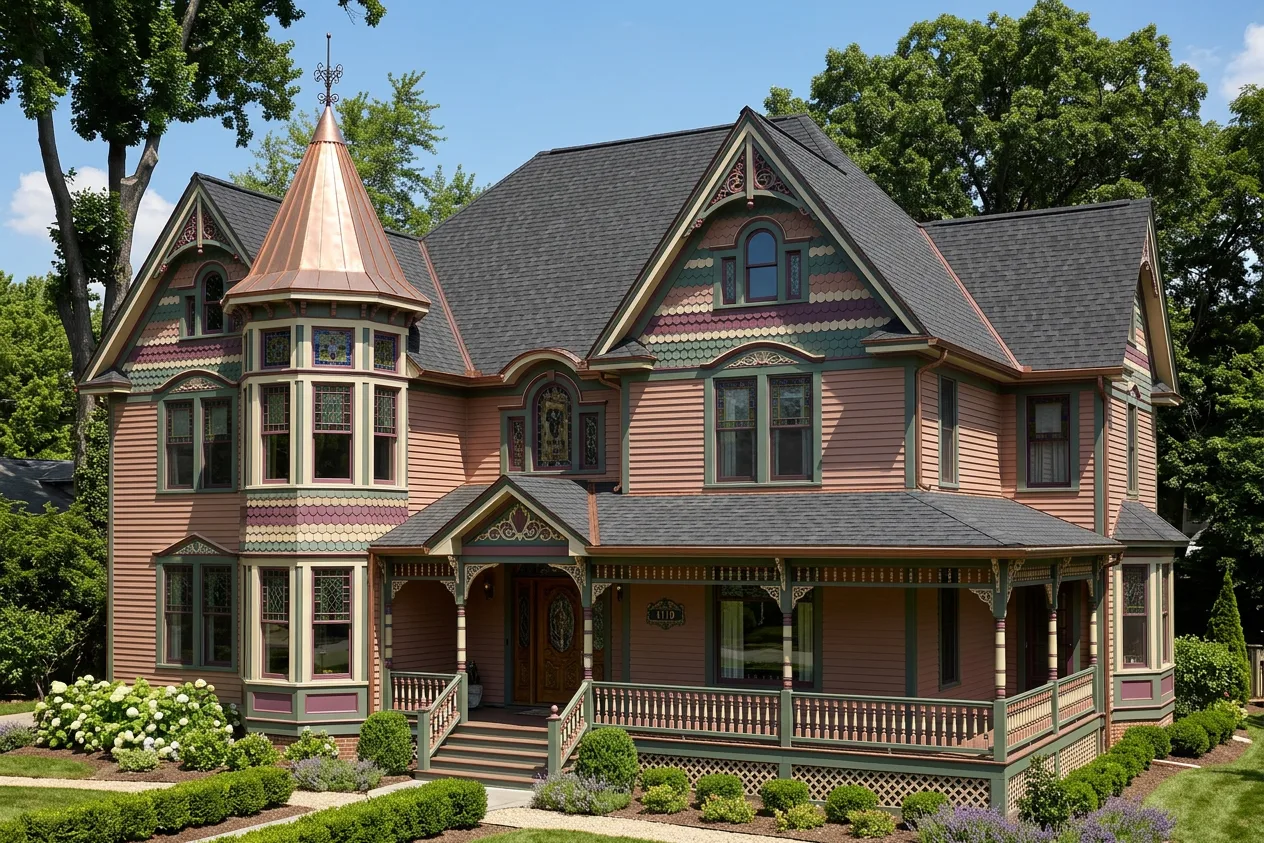 Victorian home with Black roof -- CertainTeed Landmark Charcoal Black (right-34)
