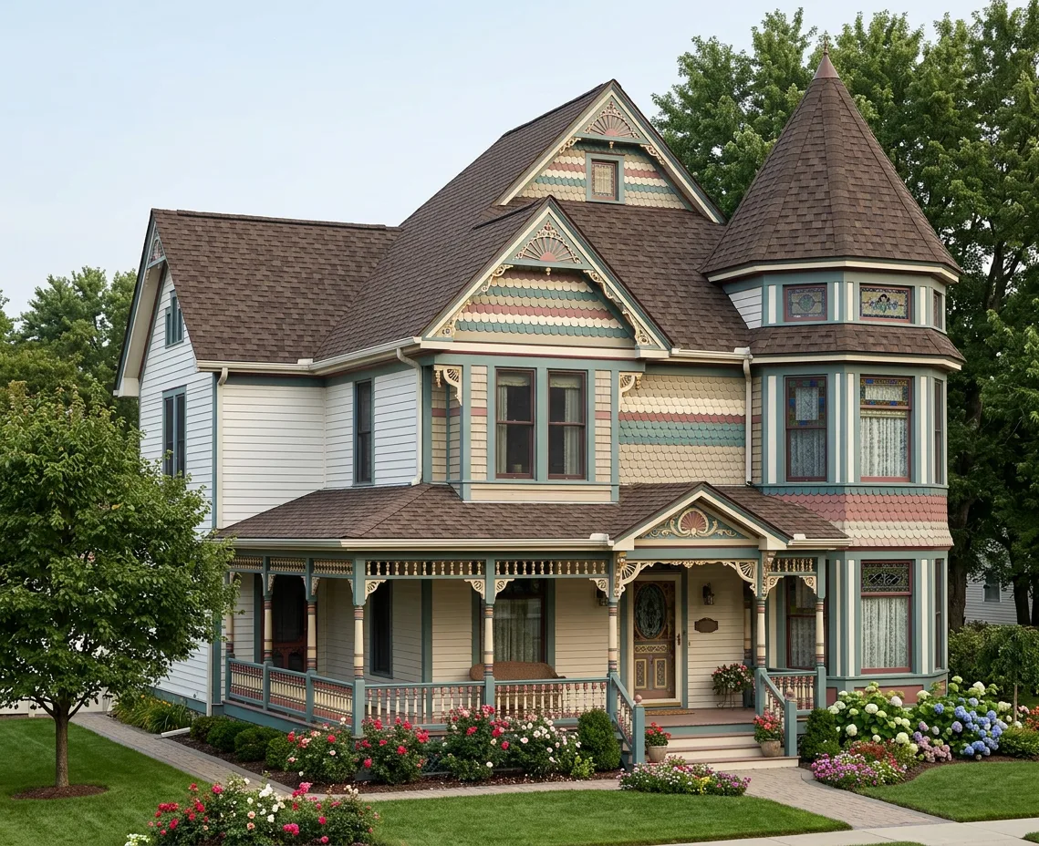 Victorian home with Brown roof -- Atlas Pinnacle Pristine WEATHERED SHADOW (left-34)