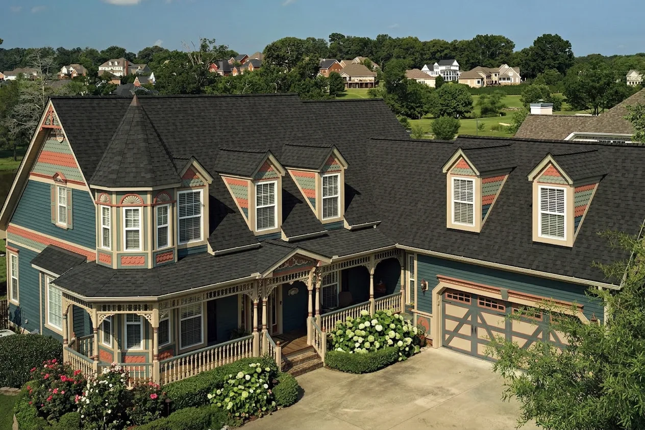 Victorian home with Brown roof -- CertainTeed Landmark Pro Max Def Black Walnut (front)