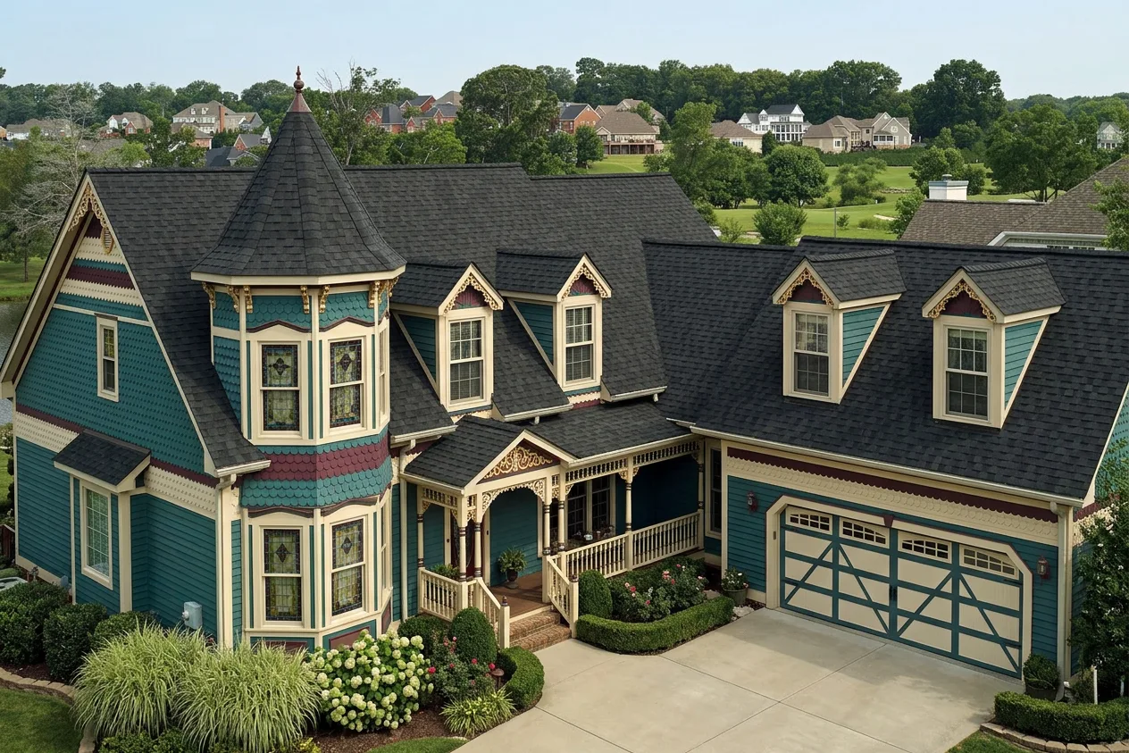 Victorian home with Brown roof -- CertainTeed Landmark Pro Max Def Black Walnut (left-34)