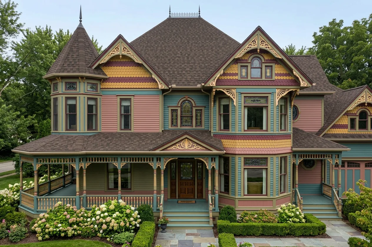 Victorian home with Brown roof -- IKO Dynasty Shadow Brown (front)