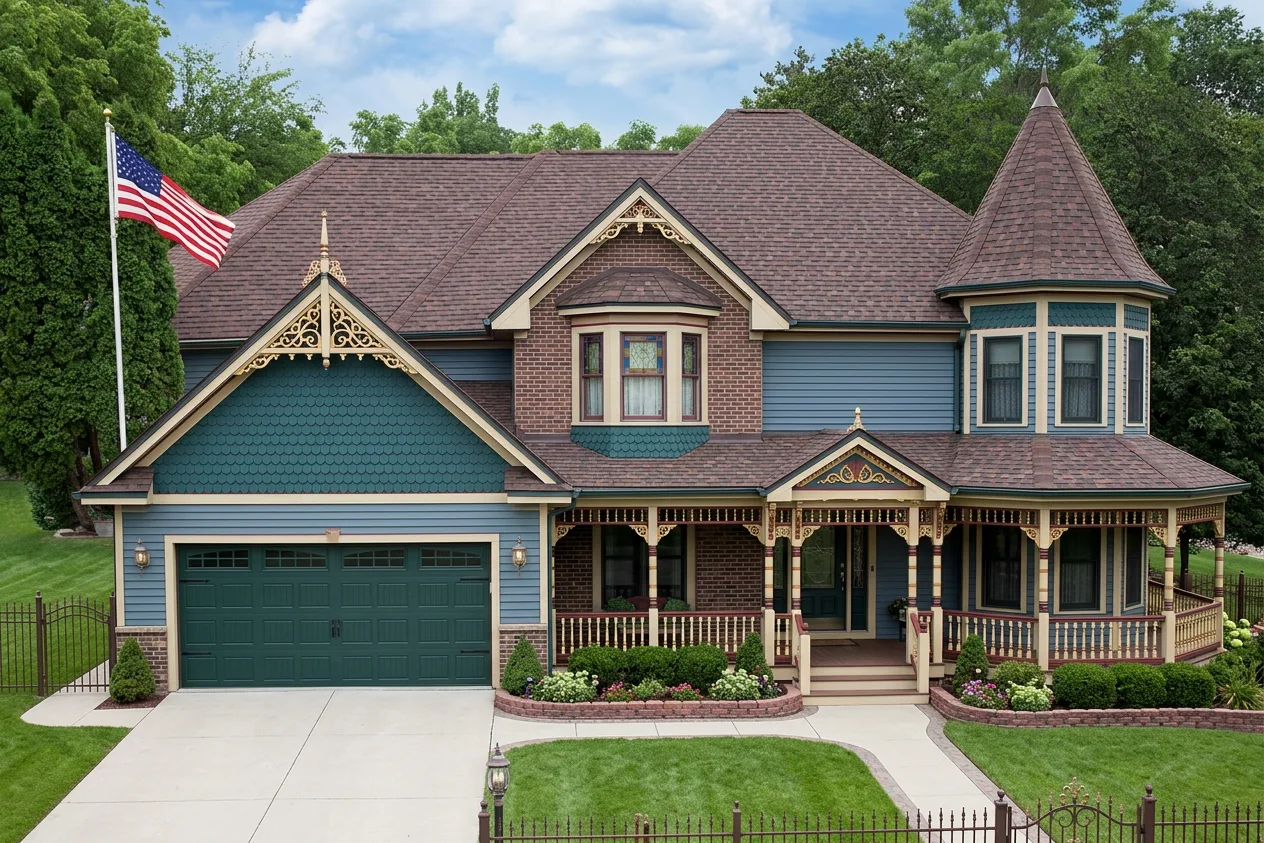 Victorian home with Brown roof -- Malarkey Vista Antique Brown (front)