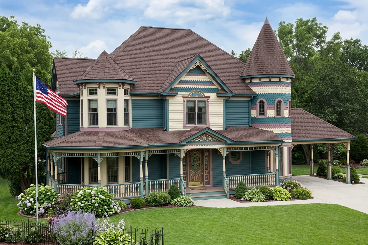Victorian home with Brown roof -- Malarkey Vista Antique Brown (left-34)