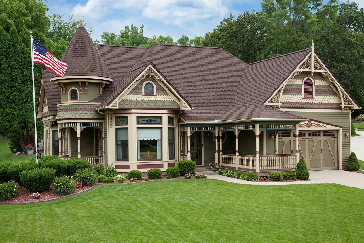 Victorian home with Brown roof -- Malarkey Vista Antique Brown (right-34)