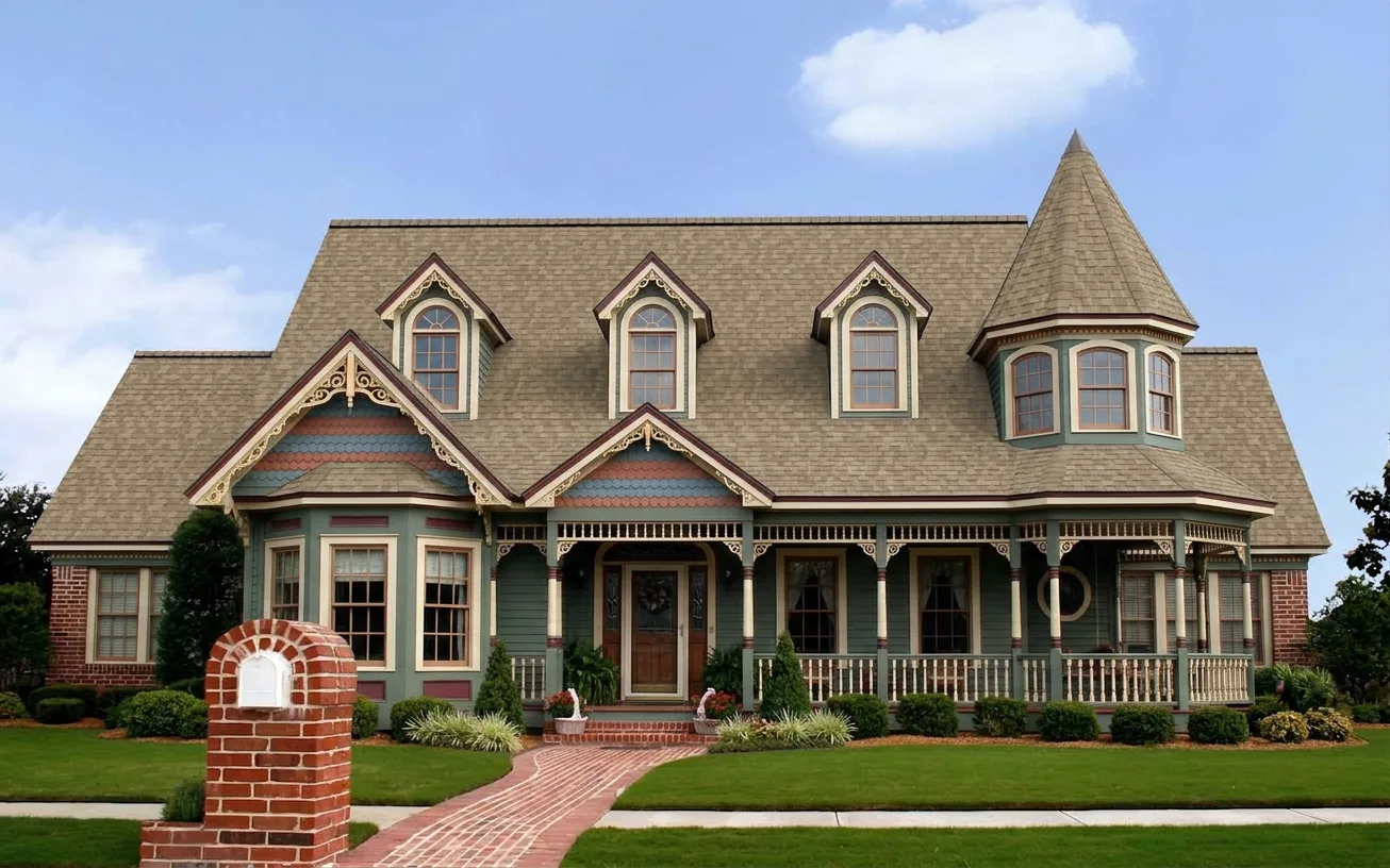 Victorian home with Brown roof -- Owens Corning Duration Sand Castle (front)