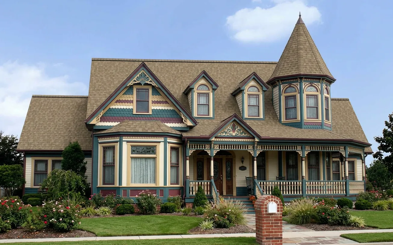 Victorian home with Brown roof -- Owens Corning Duration Sand Castle (left-34)