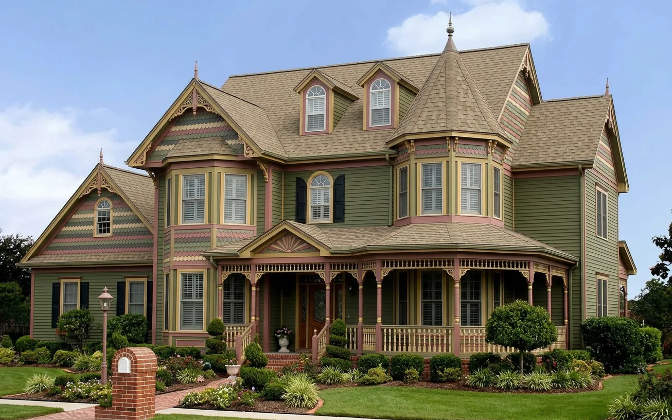 Victorian home with Brown roof -- Owens Corning Duration Sand Castle (right-34)