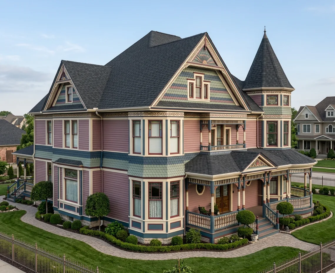 Victorian home with Charcoal roof -- Atlas Pinnacle Pristine BLACK SHADOW (right-34)